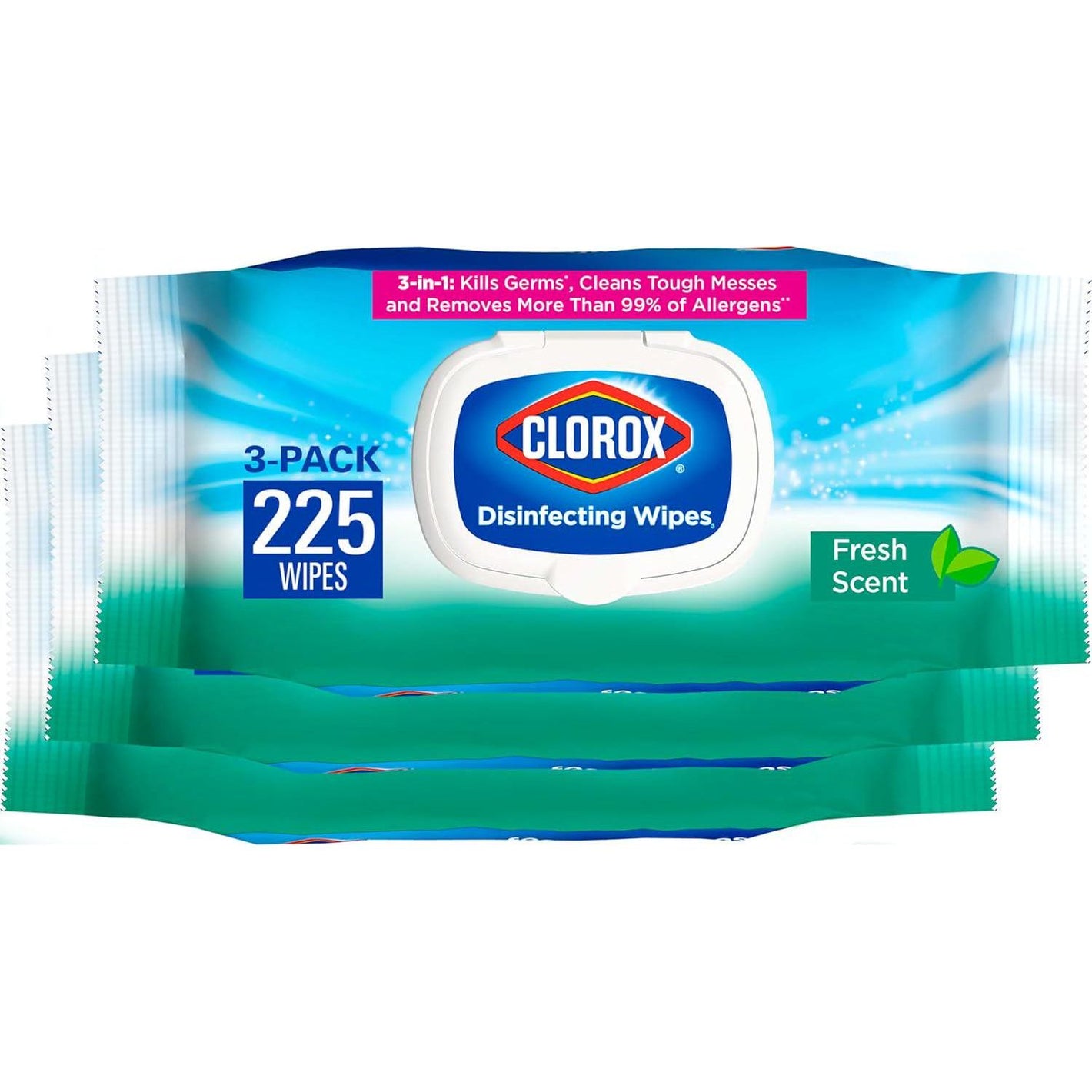 Clorox Disinfecting Wipes, Bleach-Free, Household Essentials, Fresh Scent, Moisture-Seal Lid, 75 Cleaning Wipes, Pack of 3 (New Packaging)