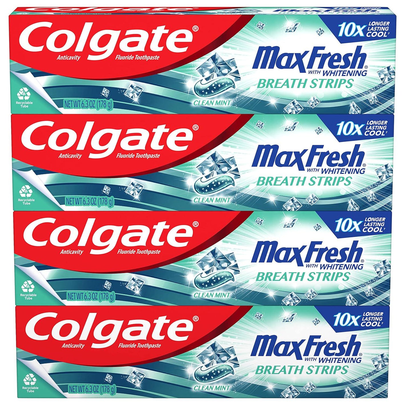 Colgate Max Fresh Whitening Toothpaste with Mini Strips, Clean Mint, Helps Fight Cavities, Whitens Teeth & Freshens Breath, 63oz, Pack of 4