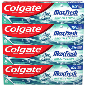 Colgate Max Fresh Whitening Toothpaste with Mini Strips, Clean Mint, Helps Fight Cavities, Whitens Teeth & Freshens Breath, 63oz, Pack of 4