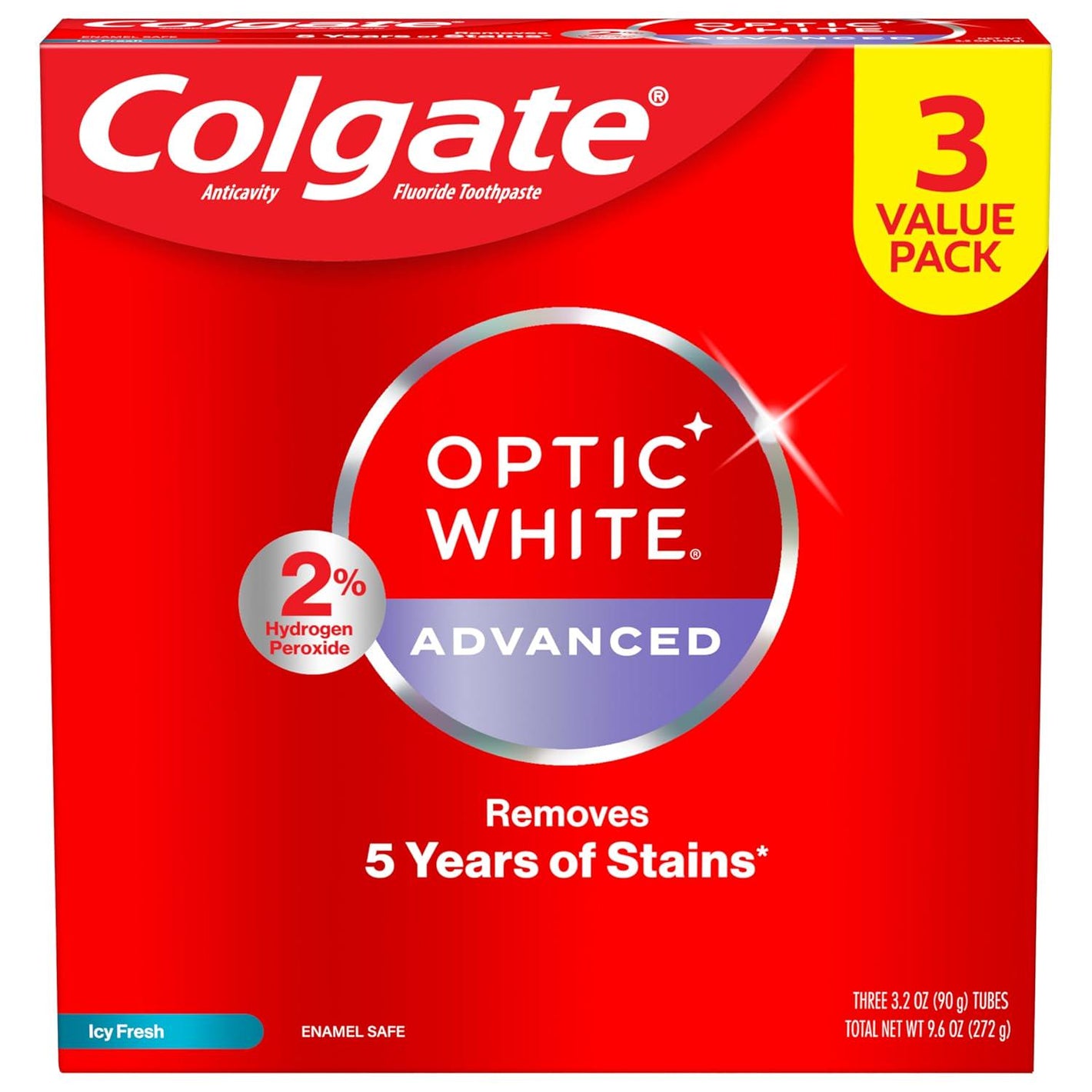 Colgate Colgate Optic White Advanced Hydrogen Peroxide Toothpaste Pack, Teeth Whitening Toothpaste, Enamel-Safe Hydrogen Peroxide Formula, Helps Remove Tea, Coffee, And Wine Stains, Icy Fresh, 3 Pack, 3.2 Oz