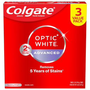Colgate Optic White Advanced Whitening Toothpaste, 3-Pack, Enamel Safe Formula, Removes Tea & Coffee Stains, 32oz Each