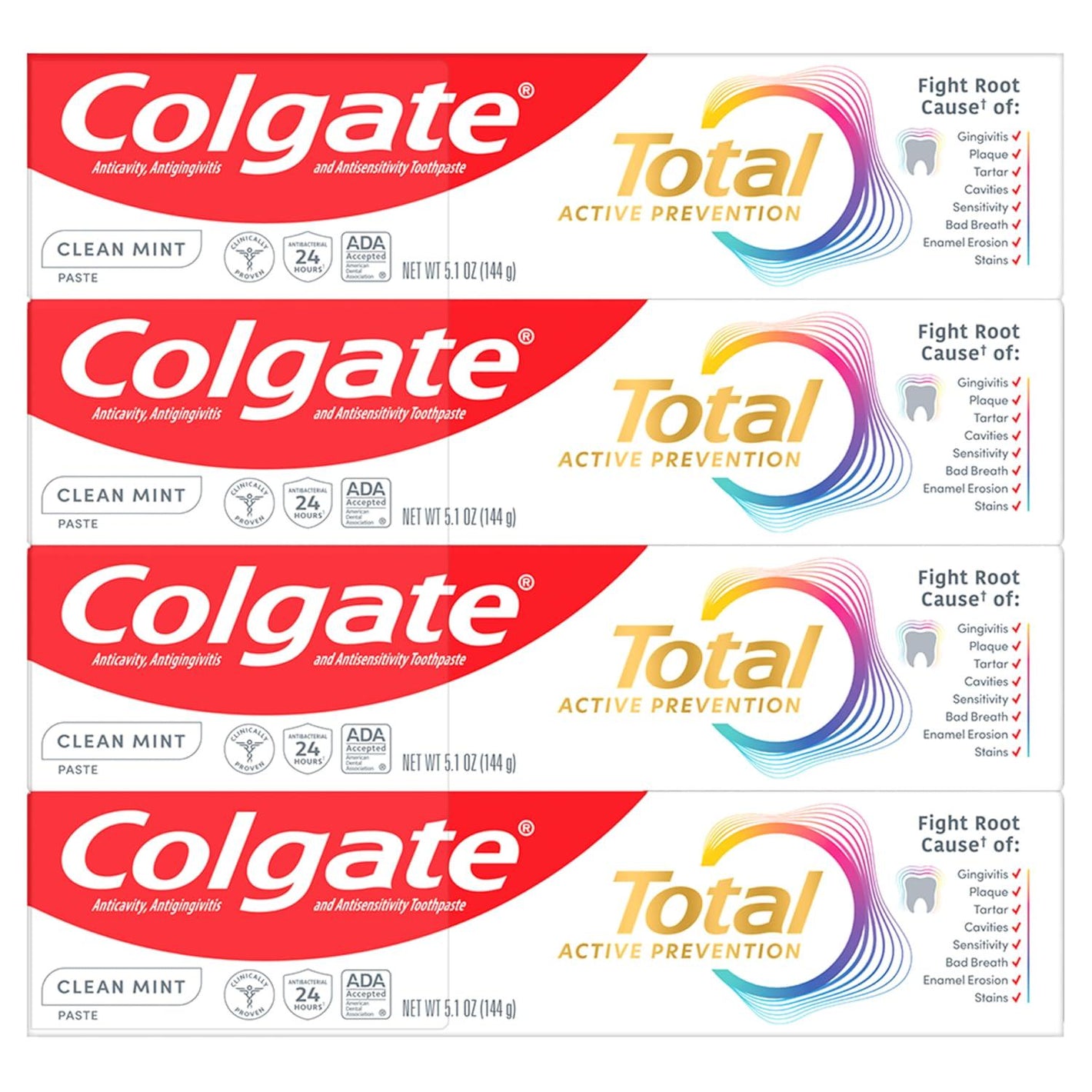 Colgate Colgate Total Clean Mint Toothpaste, 10 Benefits, No Trade-Offs, Freshens Breath, Whitens Teeth And Provides Sensitivity Relief, Clean Mint Flavor, 4 Pack, 5.1 Oz Tubes