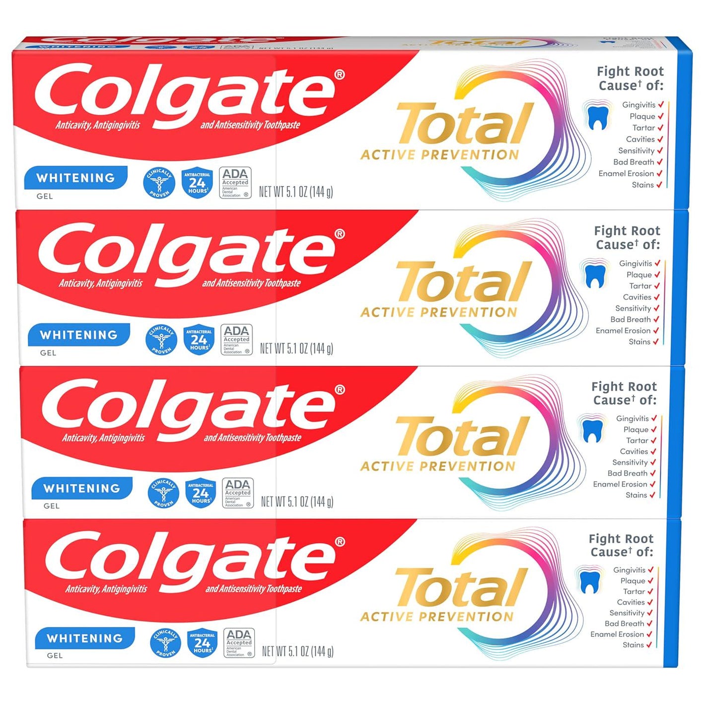 Colgate Colgate Total Whitening Toothpaste Gel, 10 Benefits, No Trade-Offs, Freshens Breath, Whitens Teeth And Provides Sensitivity Relief, Mint Flavor, 4 Pack, 5.1 Oz Tubes