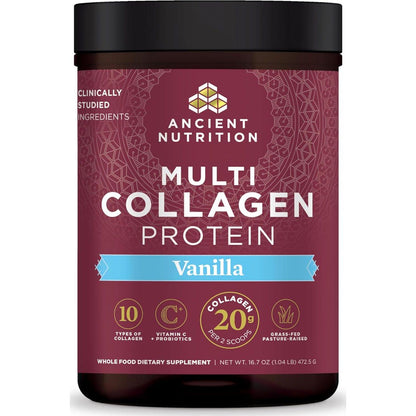 Collagen Powder Protein By Ancient Nutrition, Multi Collagen Vanilla Protein Powder, 45 Servings, With Vitamin C, Hydrolyzed Collagen Peptides Supports Skin And Nails, Gut Health, 16.7oz,