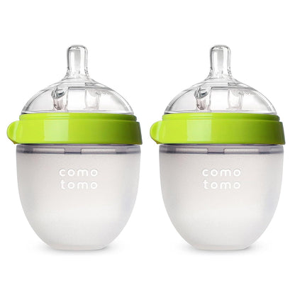 Comotomo Baby Bottles, 2 Pack, Green, 5 oz Each, Soft Silicone, Anti-Colic Design, BPA-Free Feeding Bottles