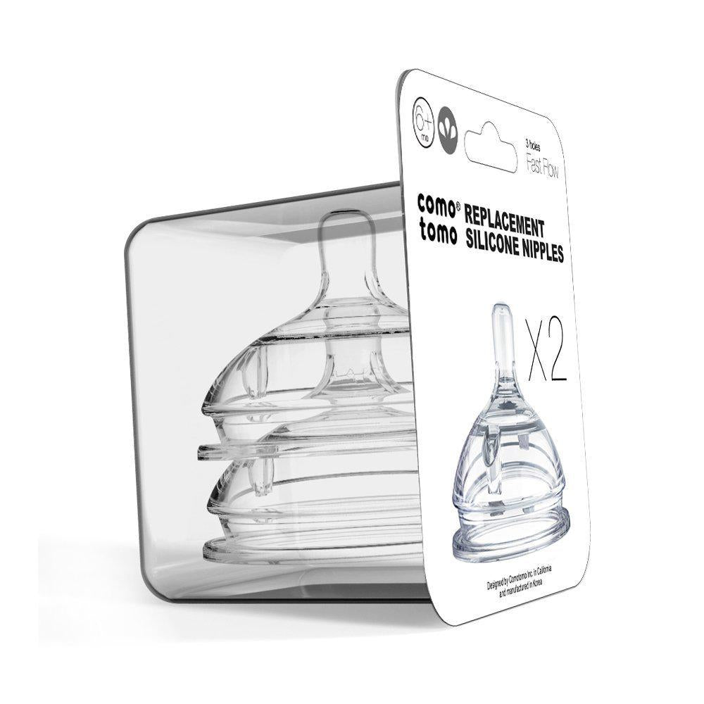 Comotomo Silicone Nipple Fast Flow, 6M+, 2 Count, Clear, BPA-Free Replacement for Baby Bottles, Soft & Safe for Infants