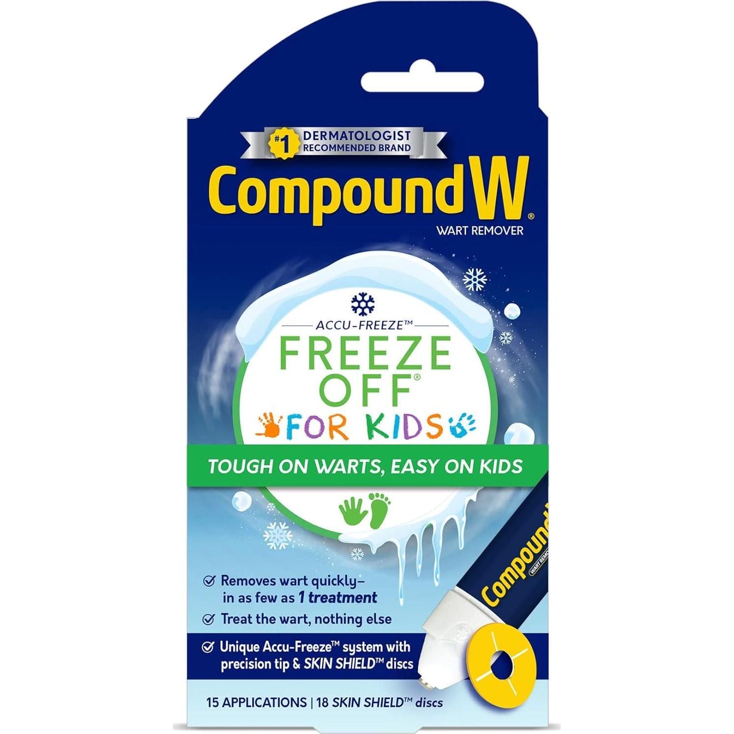 Compound W Freeze Off For Kids Wart Remover, 15 Freeze Applications And 18 Skin Shield Discs, For Common And Plantar Wart Removal,