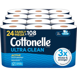 Cottonelle Ultra Clean Toilet Paper with Active Cleaning Ripples, Strong Bath Tissue, 24 Family Mega Rolls (132 Regular Rolls), 353 Sheets per Roll