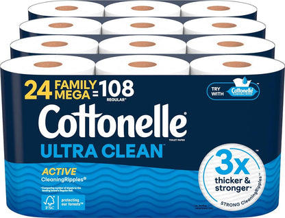 Cottonelle Ultra Clean Toilet Paper with Active Cleaning Ripples, Strong Bath Tissue, 24 Family Mega Rolls (132 Regular Rolls), 353 Sheets per Roll