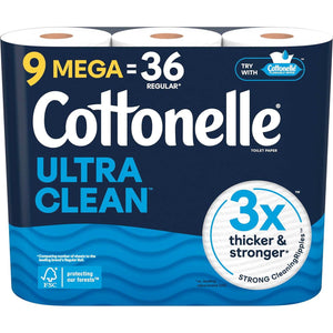 Cottonelle Cottonelle Ultra Clean Toilet Paper, 9 Mega Rolls (9 Mega Rolls = 36 Regular Rolls), 284 Sheets Per Roll, Packaging May Vary