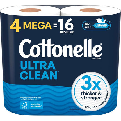Cottonelle Ultra Clean Toilet Paper, 4 Mega Rolls (Equivalent to 16 Regular Rolls), 284 Sheets per Roll, Packaging May Vary