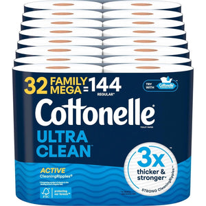 Cottonelle Ultra Clean Toilet Paper, Active Cleaning Ripples Texture, Strong Bath Tissue, 32 Family Mega Rolls (8 Packs of 4), 353 Sheets per Roll