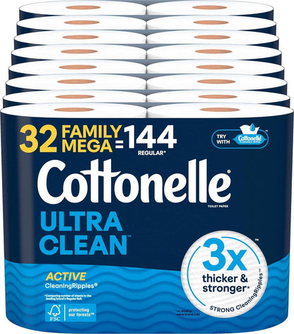 Cottonelle Ultra Clean Toilet Paper, Active Cleaning Ripples Texture, Strong Bath Tissue, 32 Family Mega Rolls (8 Packs of 4), 353 Sheets per Roll