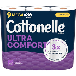 Cottonelle Cottonelle Ultra Comfort Toilet Paper, 9 Mega Rolls (9 Mega Rolls = 36 Regular Rolls), 244 Sheets Per Roll, Packaging May Vary