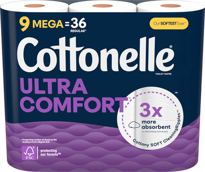 Cottonelle Cottonelle Ultra Comfort Toilet Paper, 9 Mega Rolls (9 Mega Rolls = 36 Regular Rolls), 244 Sheets Per Roll, Packaging May Vary