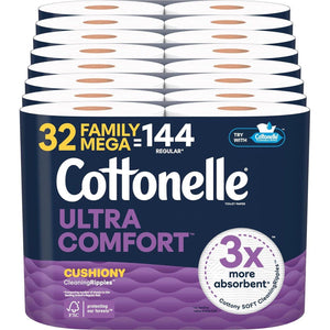 Cottonelle Ultra Comfort Toilet Paper with Cushiony CleaningRipples Texture, 32 Family Mega Rolls (8 Packs of 4), 296 Sheets per Roll