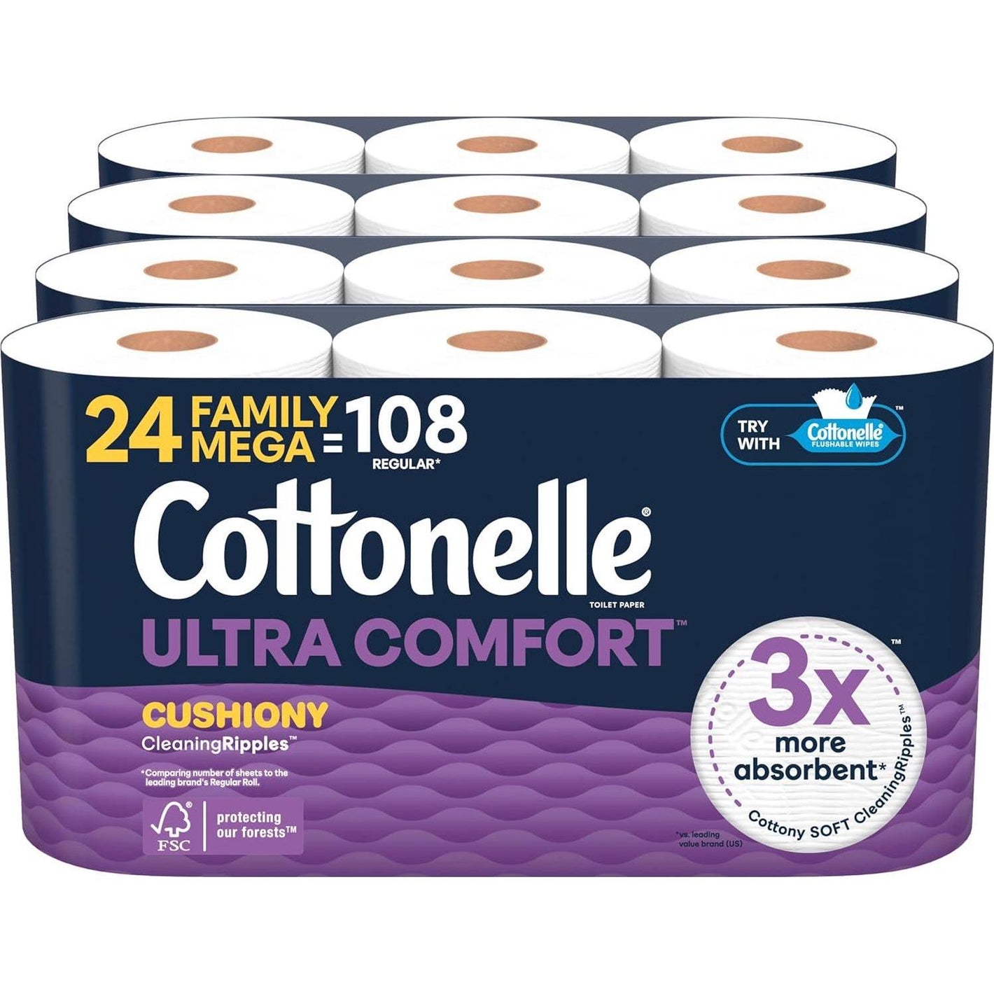 Cottonelle Ultra Comfort Toilet Paper, Cushiony CleaningRipples Texture, Strong Bath Tissue, 24 Mega Rolls (296 Sheets per Roll), 4-Pack