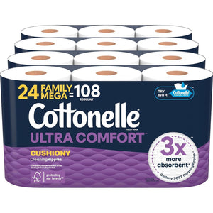 Cottonelle Ultra Comfort Toilet Paper, Cushiony CleaningRipples Texture, Strong Bath Tissue, 24 Mega Rolls (296 Sheets per Roll), 4-Pack