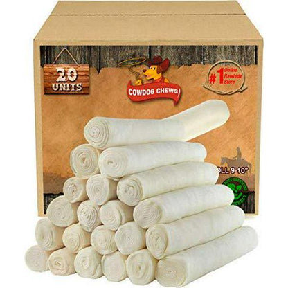 Cowdog Chews Retriever Roll Dog Treats 9 to 10 Inch All Natural Rawhide 20 Pack Long Lasting Chews for Aggressive Chewers