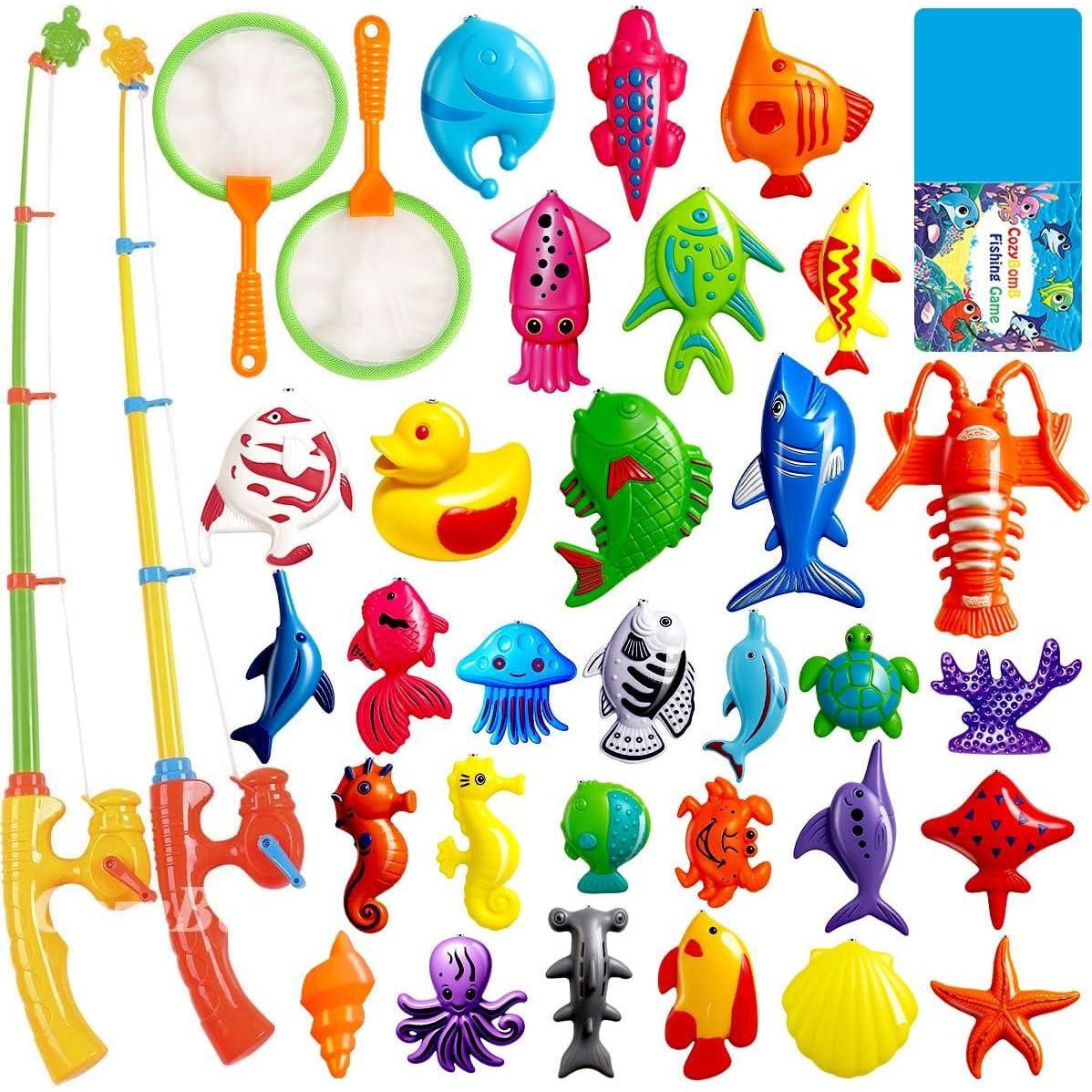 CozyBomb Magnetic Fishing Toy Set, Water Table Bathtub Kit, Pole & Net, Floating Sea Animals, Ages 3–6