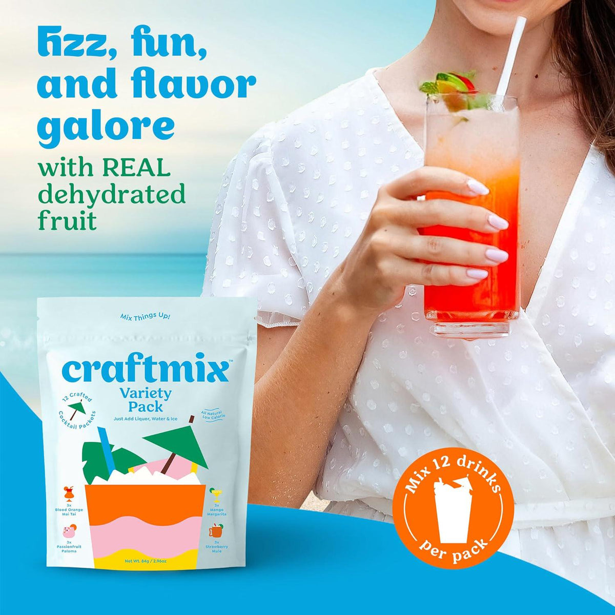 CRAFTMIX Craftmix Variety Pack, Makes 12 Drinks, Skinny Cocktail Mixers, Mocktails Non-Alcoholic Drinks - Made With Real Fruit - Vegan Low-Carb, Low-Sugar, Non-GMO, Dairy Free, Gluten Free, Easy To Mix