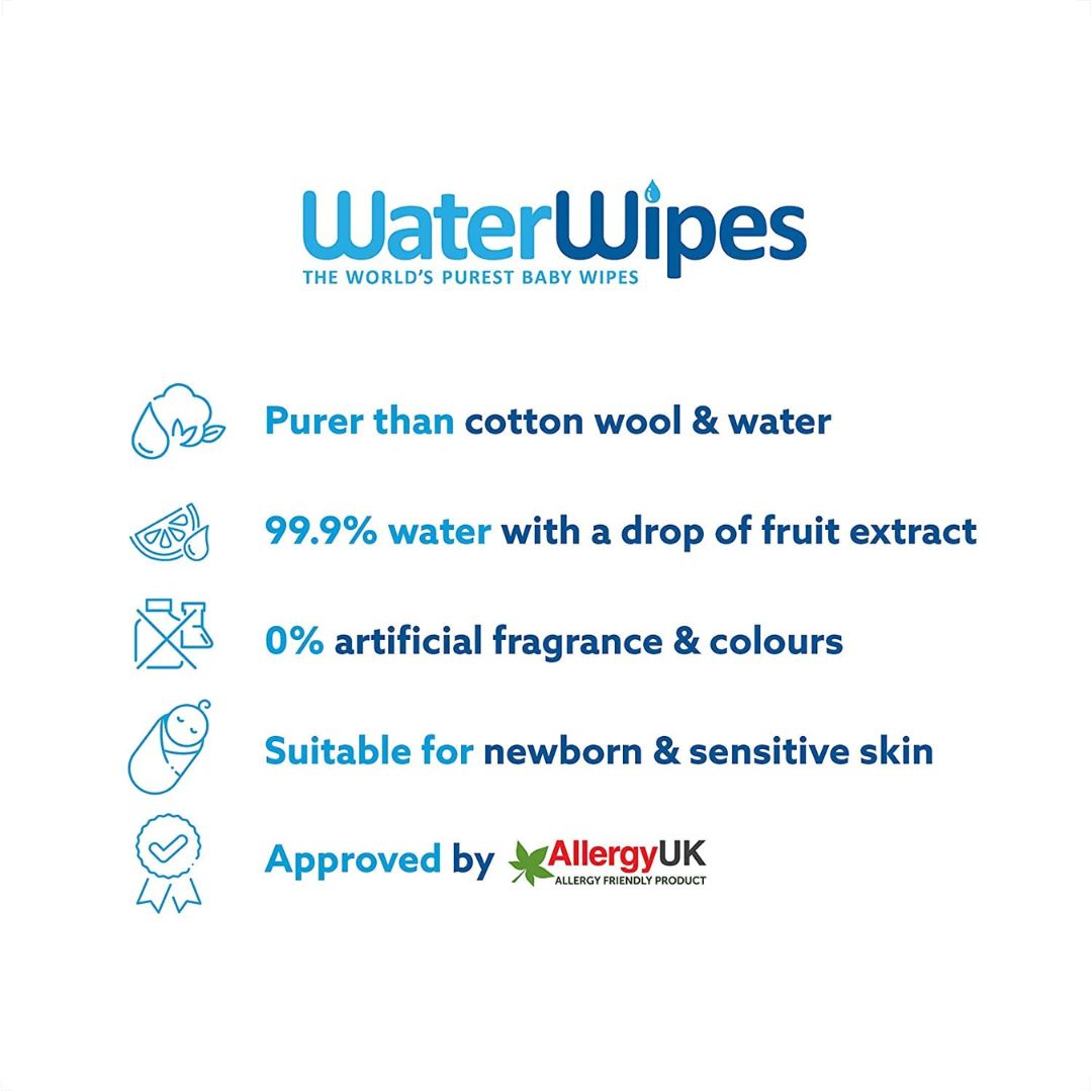 WaterWipes 99.9% Water & Fruit Extract Baby Wipes 60 Count,5099514400142