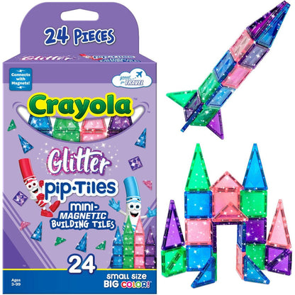 CreateOn Crayola Mini Magnetic Tiles Building Set, STEM Toy, 24-Piece Glitter Set for Kids Ages 3+