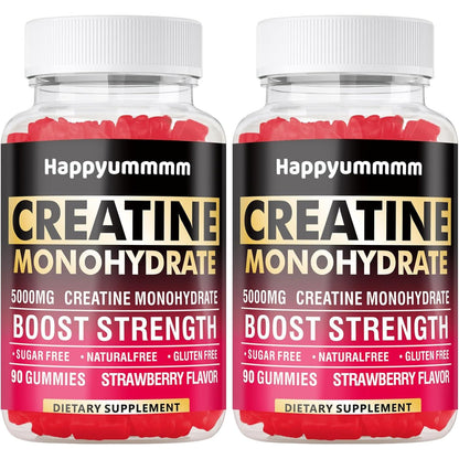 Happyummmm Creatine Monohydrate Gummies For Men And Women-5g Of Creatine Monohydrate Per Serving - Sugar Free,Vegan, Strawberry Flavor, 180 Count-2pack.