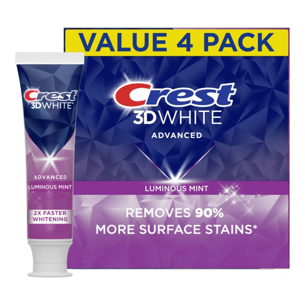 Crest 3D White Advanced Luminous Mint Teeth Whitening Toothpaste, 4 Pack (3.7oz each), Removes Surface Stains, Whitens & Strengthens Enamel