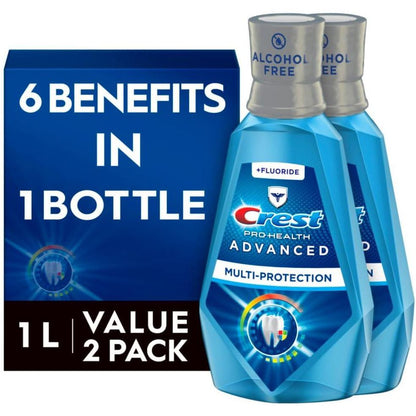 Crest Pro-Health Advanced Mouthwash, Alcohol-Free, Multi-Protection, Fresh Mint Flavor, 338 fl oz, 2-Pack, Fluoride Mouthwash