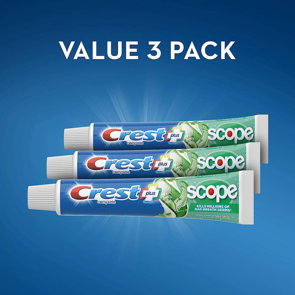 Crest + Scope Whitening Toothpaste - Pack Of 3, 5.4 Oz Tubes - Anticavity Fluoride Toothpaste, Fresh Breath, Kills Germs - Tartar Protection, Enamel Protection - Minty Fresh Flavor,