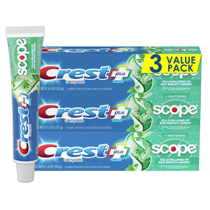 Crest + Scope Whitening Toothpaste - Pack Of 3, 5.4 Oz Tubes - Anticavity Fluoride Toothpaste, Fresh Breath, Kills Germs - Tartar Protection, Enamel Protection - Minty Fresh Flavor,