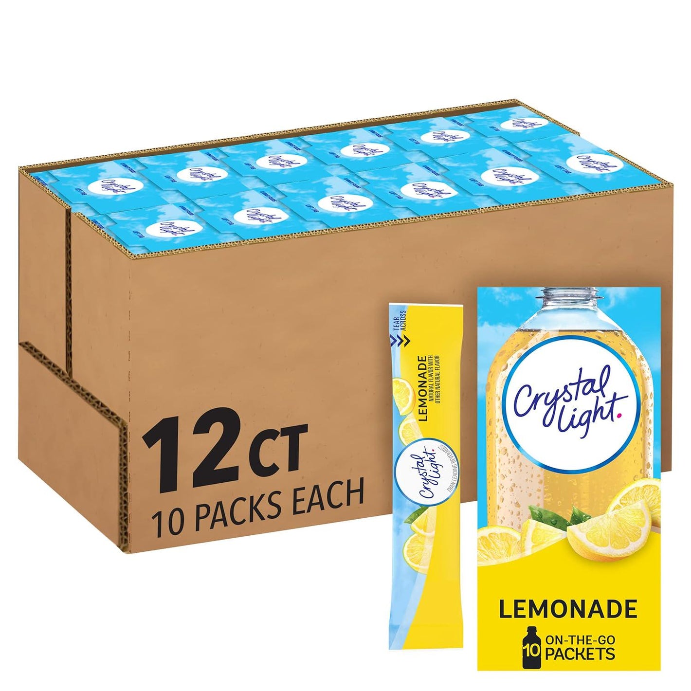 Crystal Light Lemonade Naturally Flavored Powdered Drink Mix, 120 Count, Pack of 12 Boxes (10 On-the-Go Packets per Box)