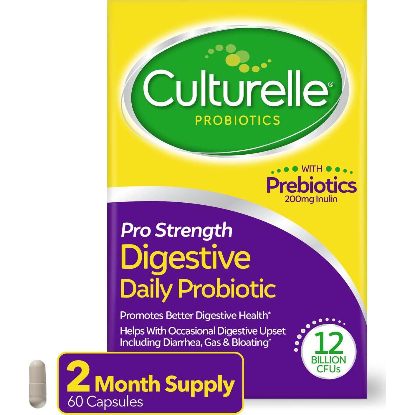 Culturelle Pro Strength Daily Probiotics, 60 Count Digestive Health Support for Men & Women, Occasional Diarrhea, Gas, Bloating Gluten & Soy-Free