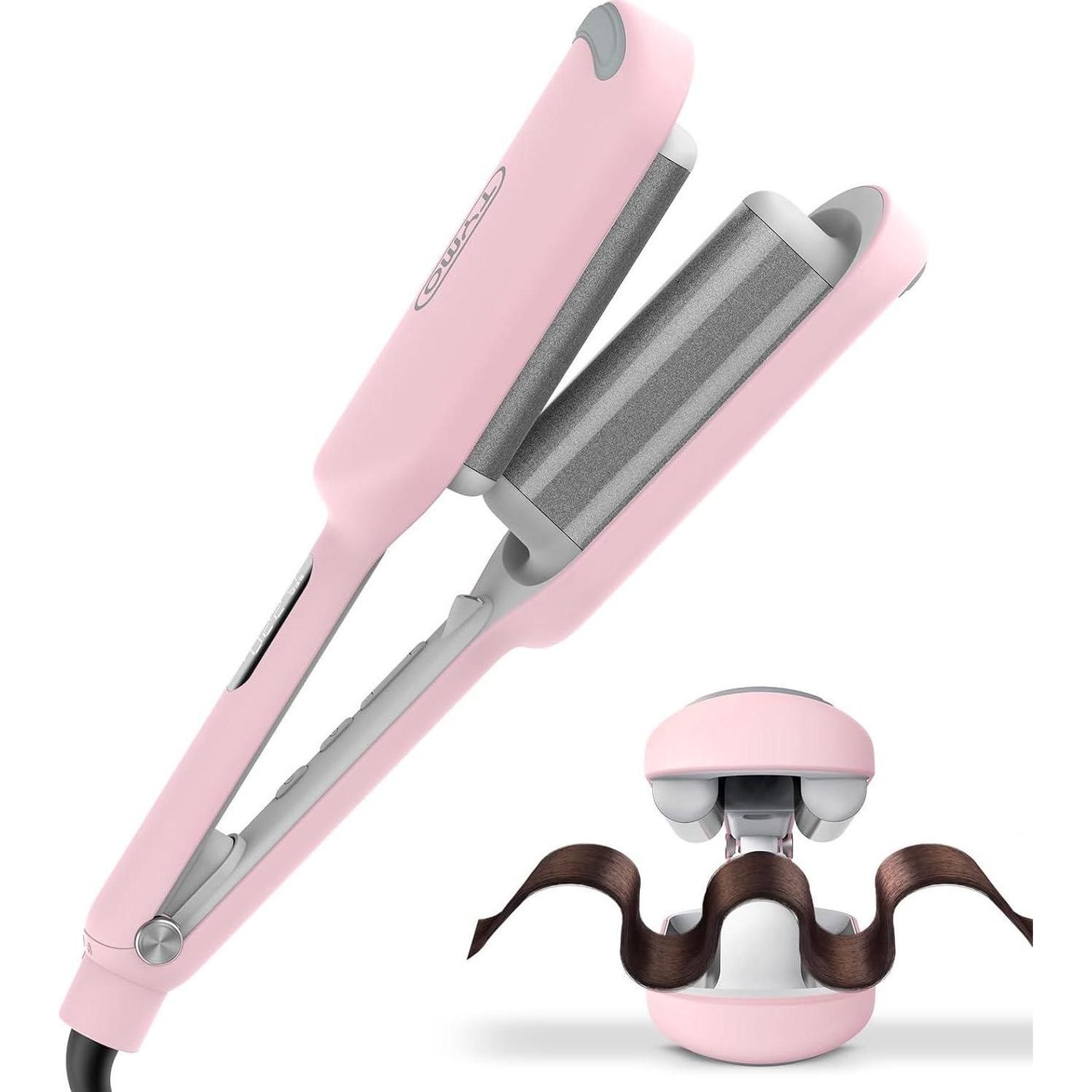 TYMO Curling Iron Hair Crimper Waver - TYMO ROVY Beach Waves Curling Wand, Ionic Deep Waver Hair Curler Tool With Ceramic 3 Barrel For Women, Dual Voltage, Anti-Scald, Easy To Use, Pink, 1.25 Inch
