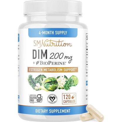 SMNutrition DIM Supplement 200 Mg (120 Ct) | Estrogen Balance For Women And Men | Hormone Balance, Hormonal Acne Supplements, Menopause, Antioxidant And PMS Support | Non-GMO, Vegan, Soy Free | 4 Month Supply