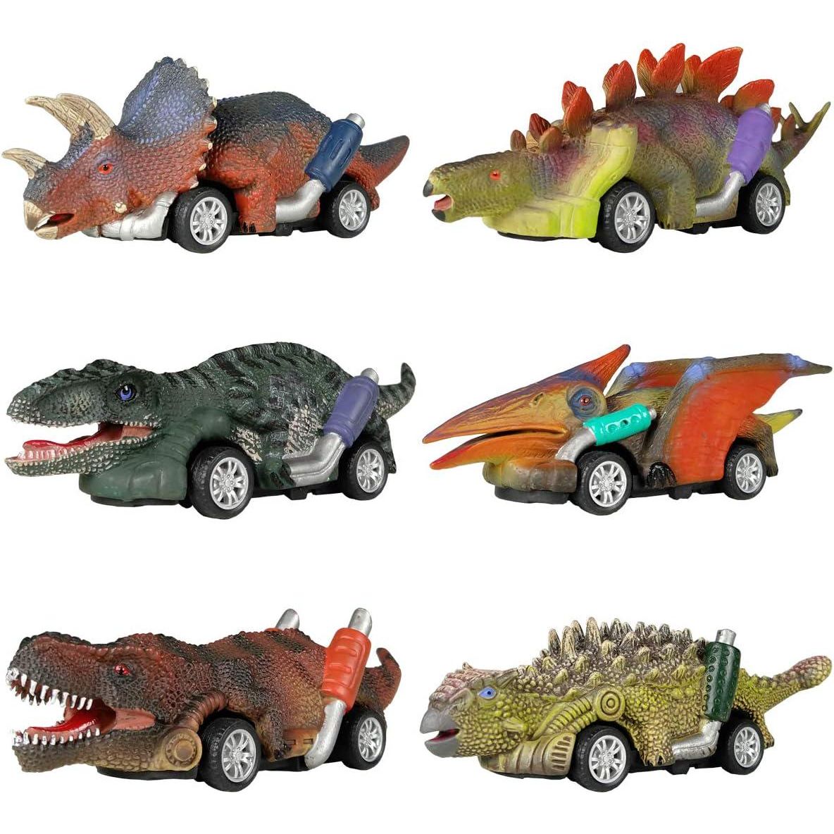 DinoBros Dinosaur Pull-Back Cars, 6 Pack, Dino Toy Vehicles for Kids Ages 3+, Birthday Gift Set for Boys & Girls