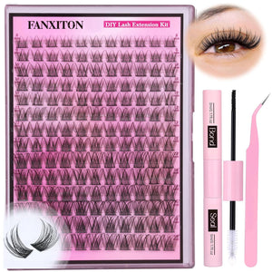 FANXITON DIY Lash Extension Kit Natural Look Wispy Lash Clusters D Curl 154 Pcs Lashes Clusters 8-16 Mm Eyelash Extension Kit Lash Bond And Seal Lash Tweezers Individual Lashes Lash Cluster Kit For Beginners