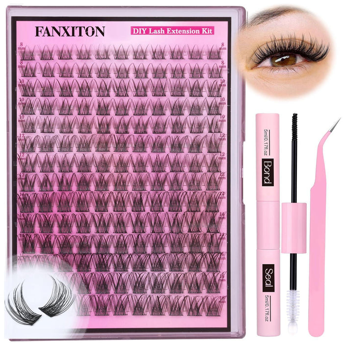 FANXITON DIY Lash Extension Kit Natural Look Wispy Lash Clusters D Curl 154 Pcs Lashes Clusters 8-16 Mm Eyelash Extension Kit Lash Bond And Seal Lash Tweezers Individual Lashes Lash Cluster Kit For Beginners