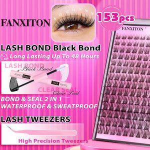 FANXITON DIY Lash Extension Kit Natural Look Wispy Lash Clusters D Curl 154 Pcs Lashes Clusters 8-16 Mm Eyelash Extension Kit Lash Bond And Seal Lash Tweezers Individual Lashes Lash Cluster Kit For Beginners