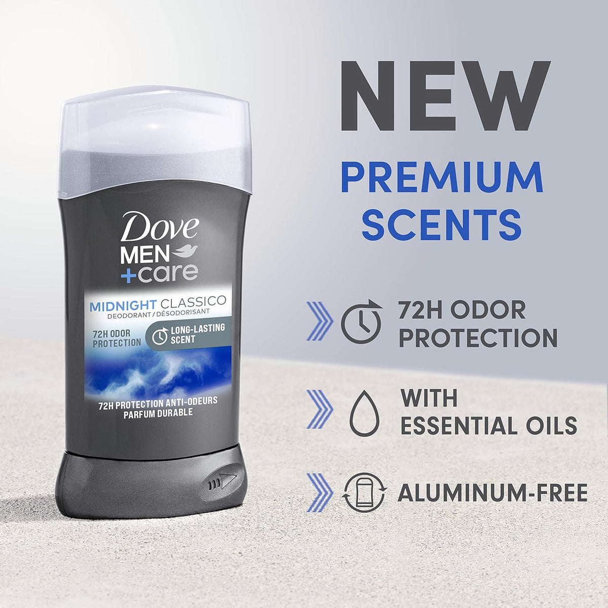 DOVE MEN + CARE Deodorant Stick For Men Midnight Classico 3 Count Aluminum Free 72-Hour Odor Protection Mens Deodorant With Essential Oils And 1/4 Moisturizing Cream 3oz,
