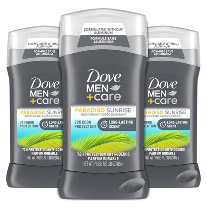 DOVE MEN + CARE Deodorant Stick For Men Aluminum Free 72-Hour Odor Protection Paradiso Sunrise 3 Count Mens Deodorant With Essential Oils And 1/4 Moisturizing Cream 3 Oz,