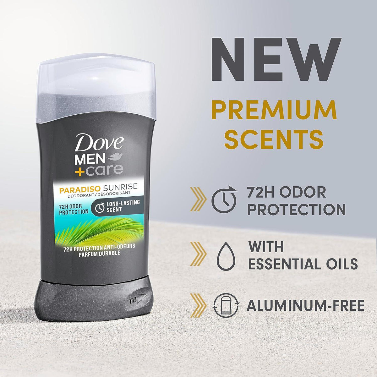 DOVE MEN + CARE Deodorant Stick For Men Aluminum Free 72-Hour Odor Protection Paradiso Sunrise 3 Count Mens Deodorant With Essential Oils And 1/4 Moisturizing Cream 3 Oz,