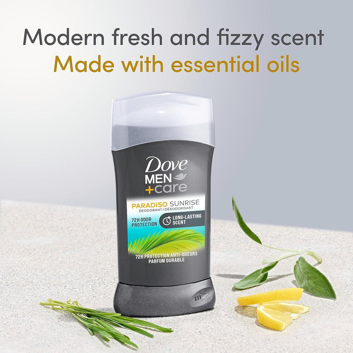 DOVE MEN + CARE Deodorant Stick For Men Aluminum Free 72-Hour Odor Protection Paradiso Sunrise 3 Count Mens Deodorant With Essential Oils And 1/4 Moisturizing Cream 3 Oz,