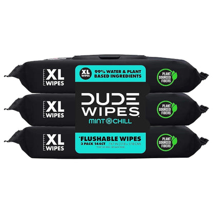Dude Wipes Flushable Wipes, Extra Large, 3-Pack, 144 Wipes Total, Mint Chill Scent, Vitamin E, Aloe, Eucalyptus, and Tea Tree Oils, Sewer-Safe