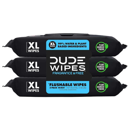 Dude Wipes Flushable Wipes, 3 Pack, 144 Wipes, Unscented, Extra-Large, Adult Wet Wipes with Vitamin E & Aloe, Septic & Sewer Safe