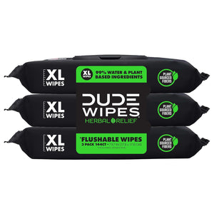 Dude Wipes Flushable Wipes, 3 Pack, 144 Wipes, Herbal Relief, Extra-Large Wet Wipes with Hazel & Geranium Essential Oils, Septic & Sewer Safe