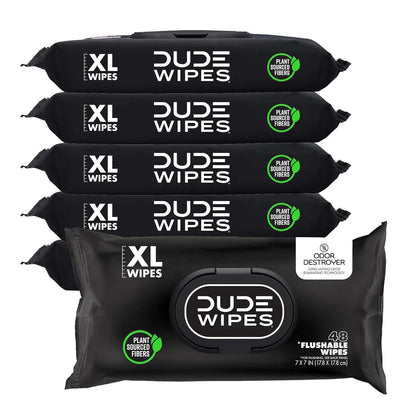 DUDE Wipes DUDE Wipes - Flushable Wipes For Adults - 6 Pack, 288 Wipes - Odor Destroyer XL Adult Wet Wipes - Deodorizing With Clean Scent - Up To 24 Hours Of Odor-Destroying Technology