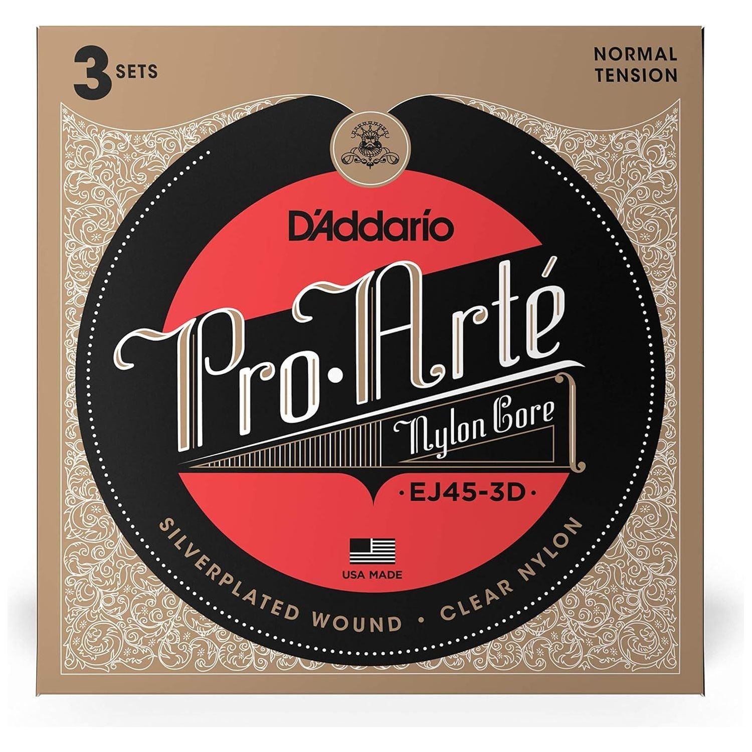 D'Addario Guitar Strings - Pro-Arte Classical Guitar Strings - EJ45-3D - Nylon Guitar Strings - Silver Plated Wound, Nylon Core - Normal Tension, 3-Pack,