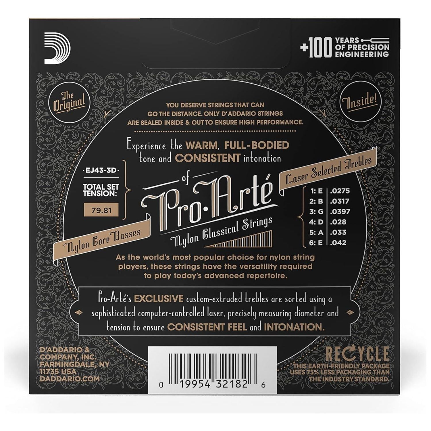 D'Addario Guitar Strings - Pro-Arte Classical Guitar Strings - EJ43-3D - Nylon Guitar Strings - Silver Plated Wound, Nylon Core - Light Tension, 3-Pack,